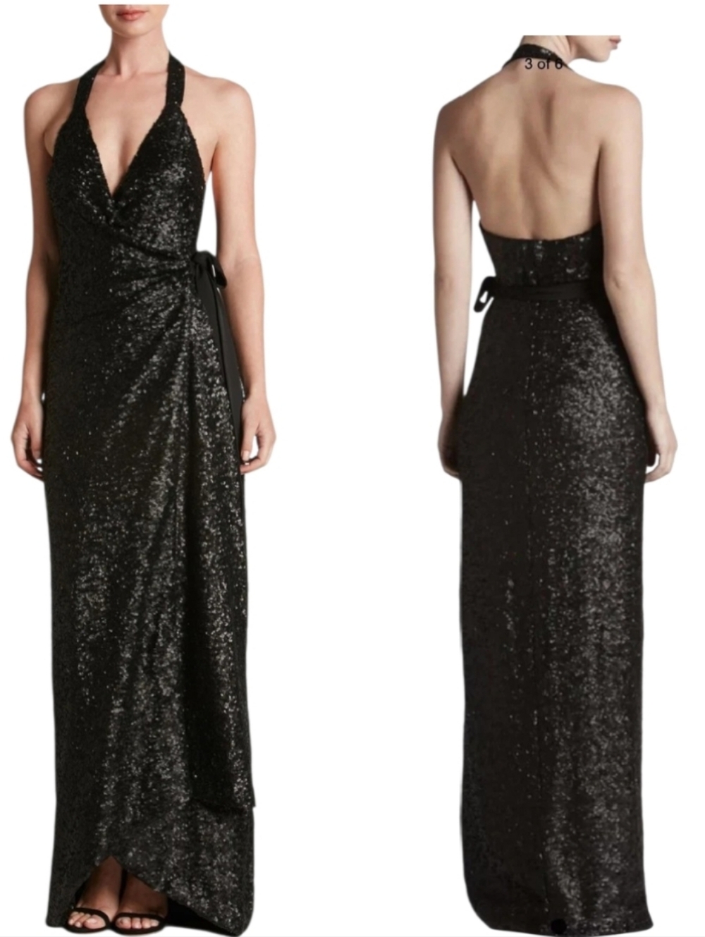 NWT Dress the Population Giselle Sequin Wrap Gown Black Dress sz XS